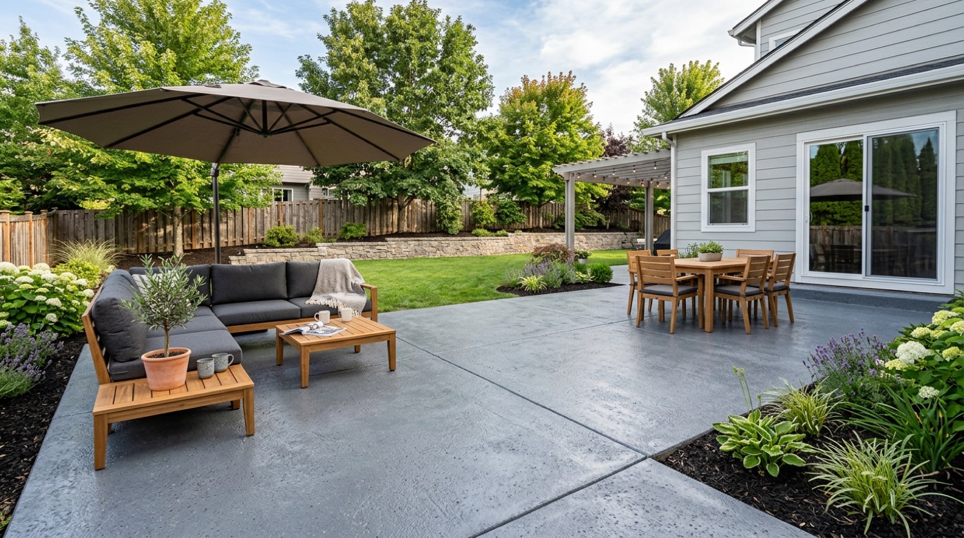 Finished concrete patio with outdoor seating beside a green lawn