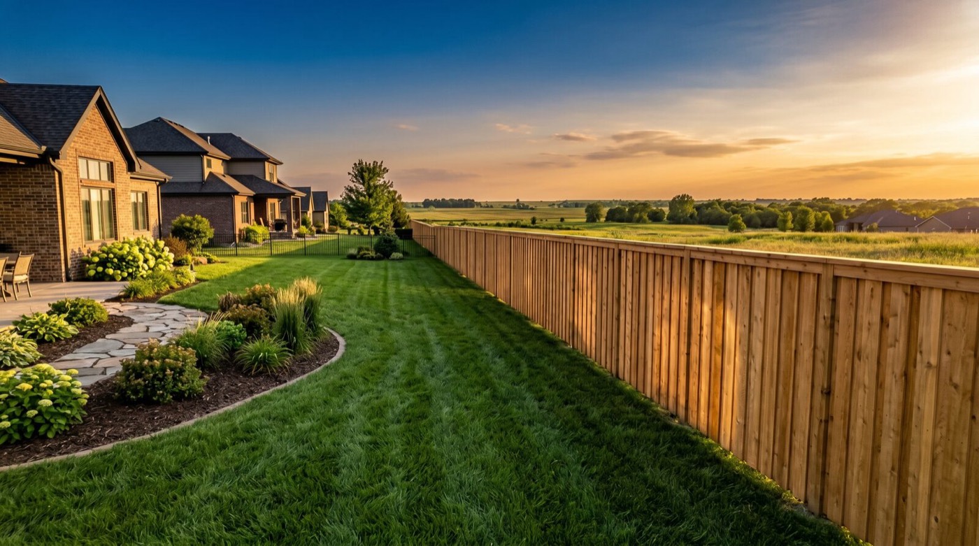 New cedar privacy fence running along a manicured lawn at sunset