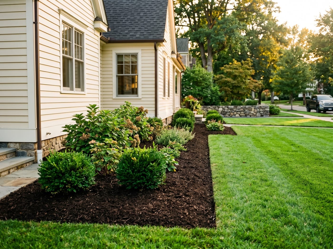 Freshly mulched planting beds and trimmed shrubs along a home's lawn