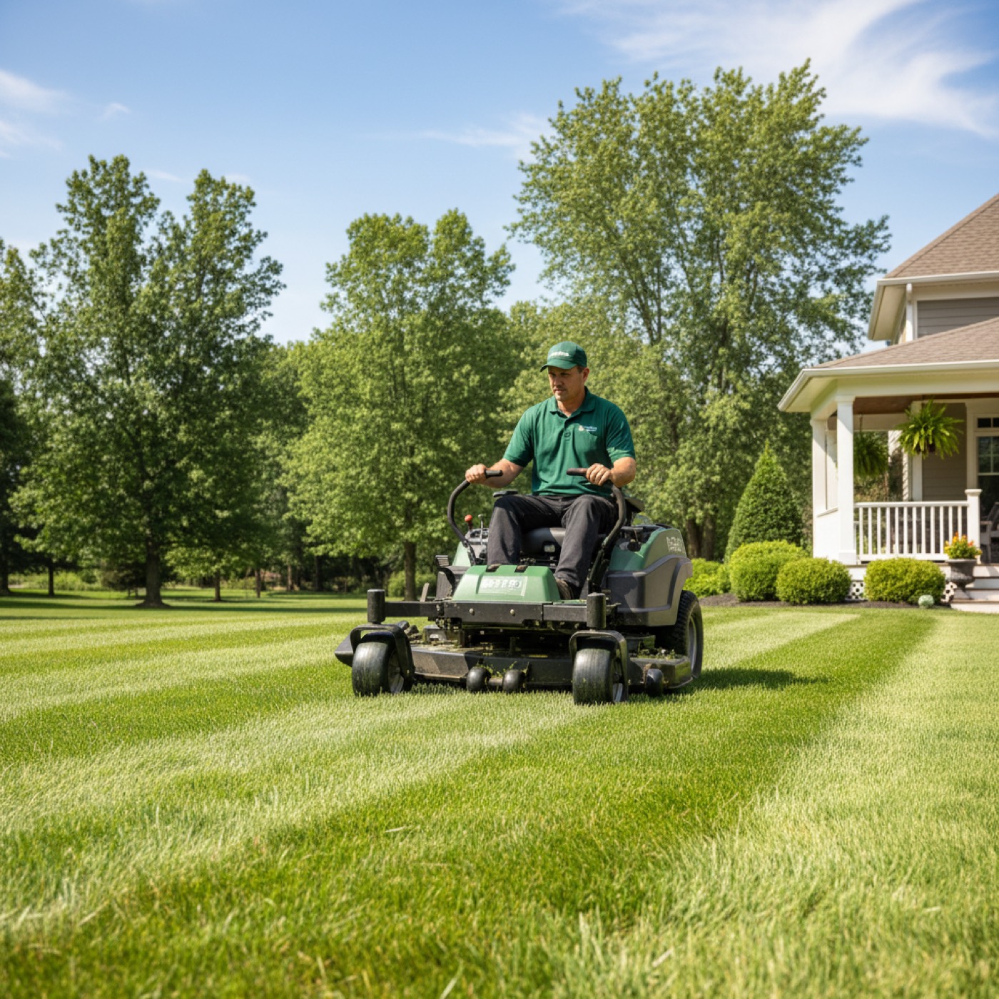 Crew member mowing clean stripes into a residential front lawn