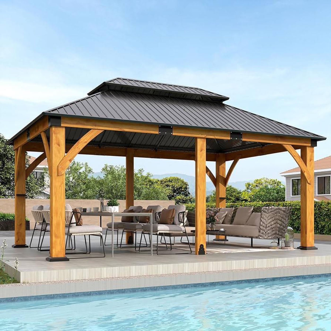 Cedar pavilion with a metal roof over a poolside patio