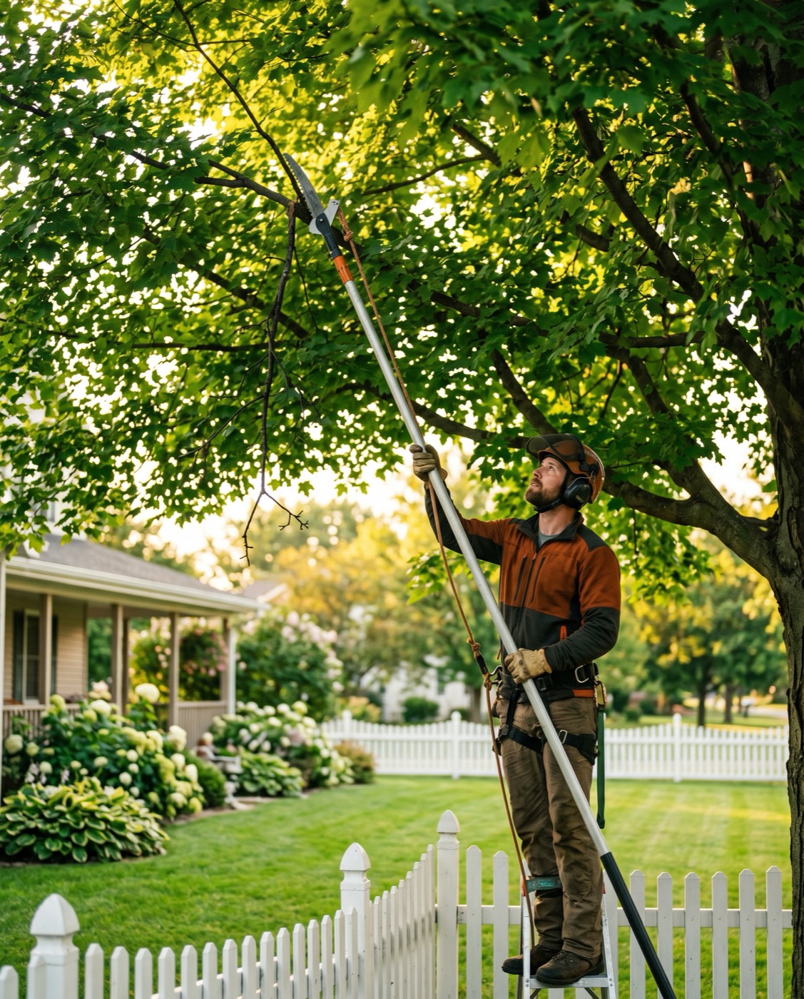 Arborist trimming a mature shade tree with a pole saw